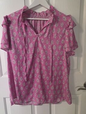 Pink Short-Sleeve Tie-Neck Patterned Blouse